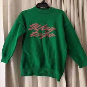 Green Crewneck Sweater with Pink Script